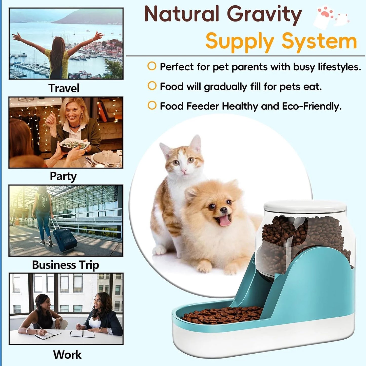 Automatic Dog Food Feeder Gravity Cat Food Dispenser Large Capacity Pet Self Feeding Station Bowl Dish for Small and Medium Dogs Cats，1 Gallon，Blue